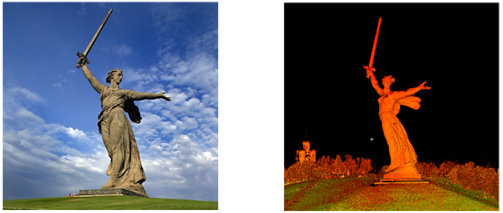 Скульптура «Родина-Мать зовёт!». Слева — фотография, автор неизвестен. Справа — точечная трёхмерная модель, результат лазерного сканирования 2015 г.