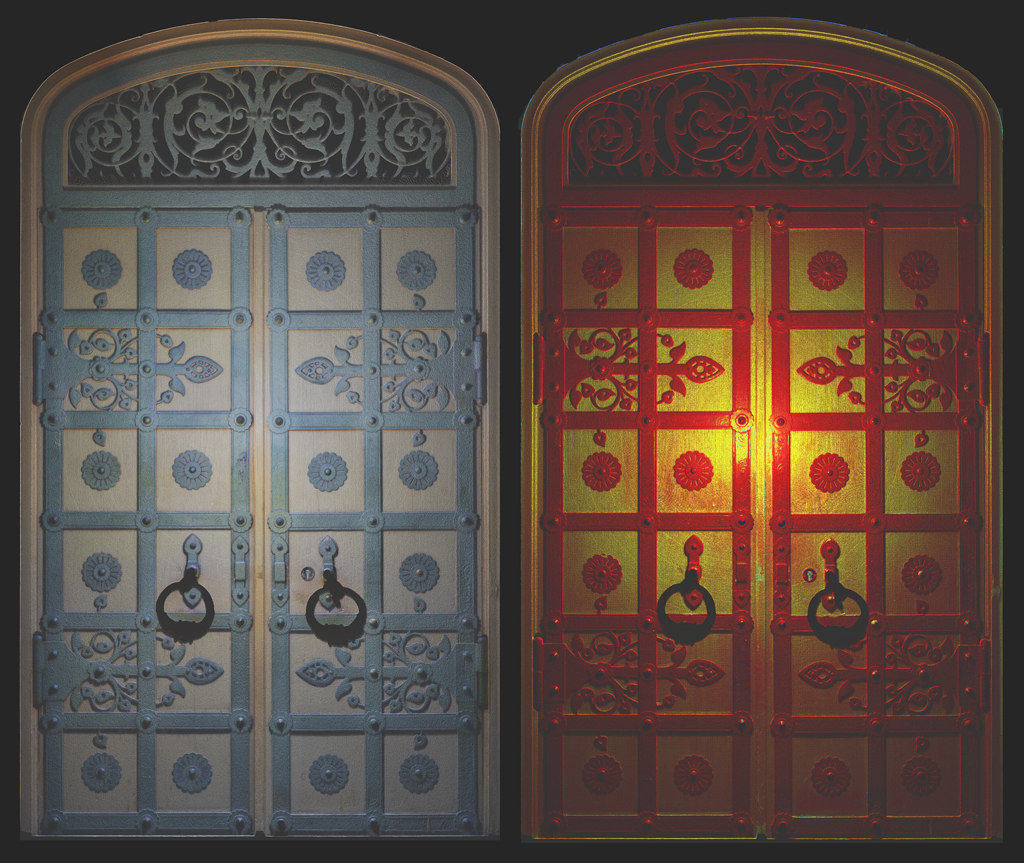 Orthoimage of the western doors. Point cloud coloured with real colour (left) and deep-factor (right)