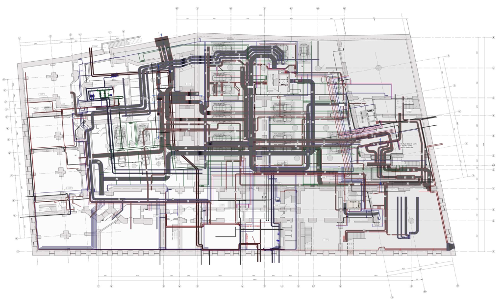 The plan of the basement in Revit with MEP.