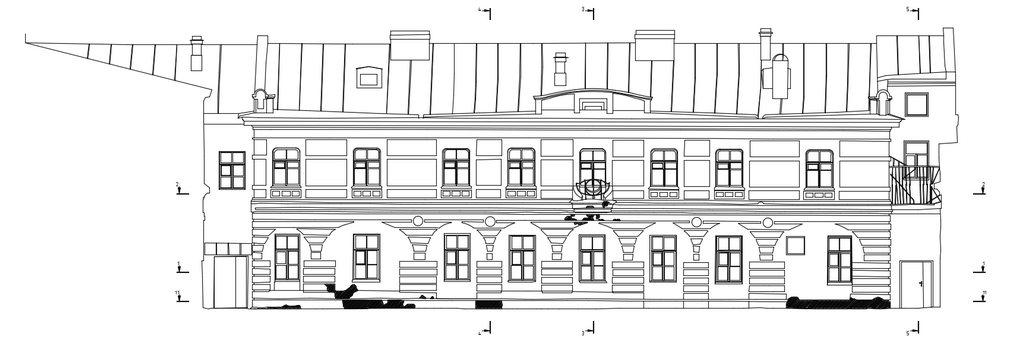 Drawing of one of the facades with lossed parts marked