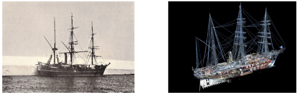 «Дискавери». Слева — историческое фото, 1902 [7]. Справа — точечная трёхмерная модель, результат лазерного сканирования, 2013 [6]. 